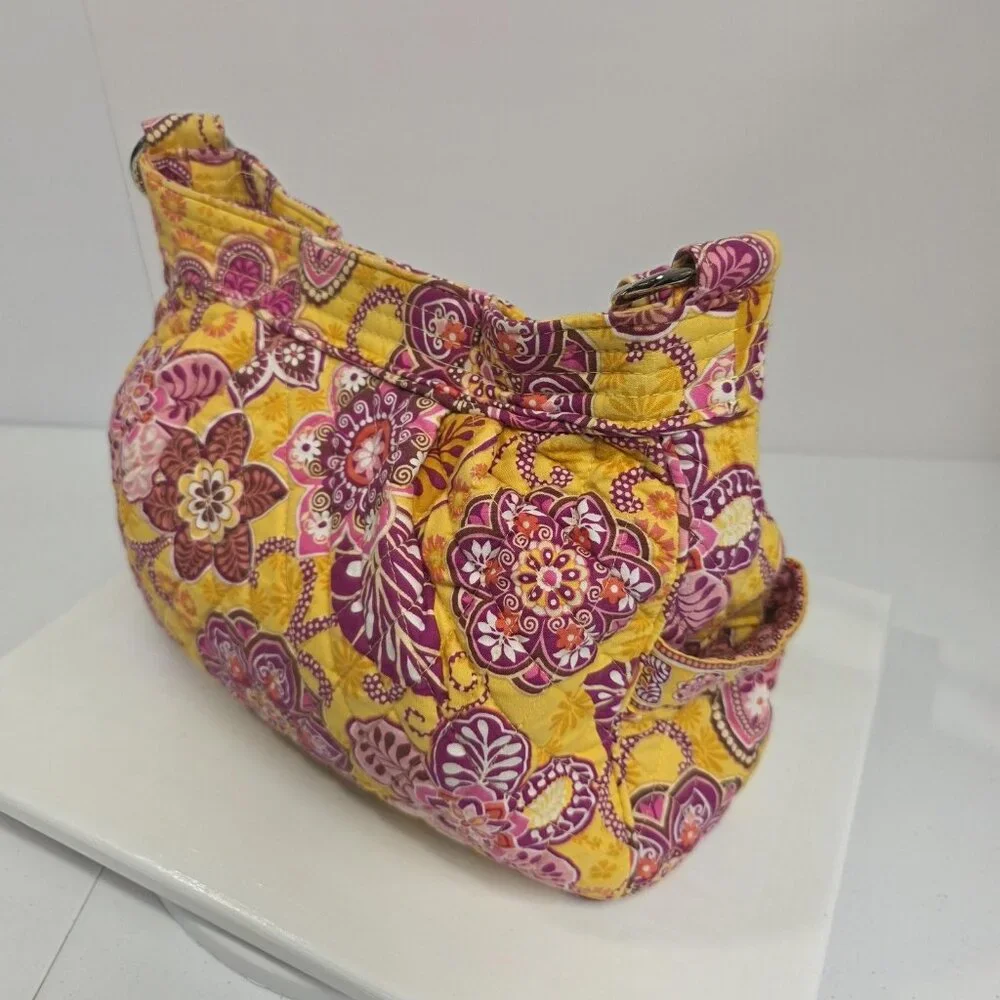 Vera Bradley Shoulder Bag Womens Yellow Pink Floral Quilted Cotton Purse Handbag - Picture 4 of 9